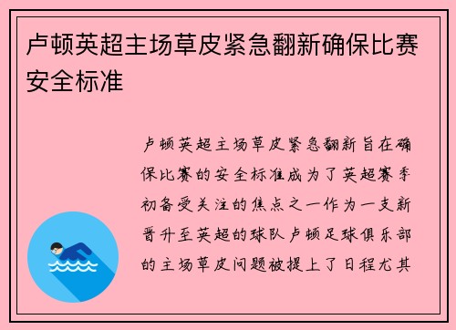 卢顿英超主场草皮紧急翻新确保比赛安全标准 卢顿英超主场草皮紧急翻新确保比赛安全标准